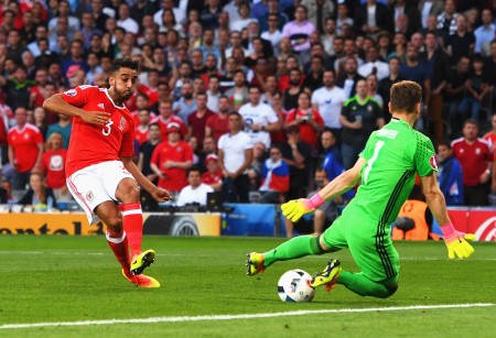 TOULOUSE, FRANCE - JUNE 20: Neil Taylor of Wales scores his team's second goal past Igor Akinfeev of Russia during the UEFA EURO 2016 Group B match between Russia and Wales at Stadium Municipal on June 20, 2016 in Toulouse, France. (Photo by Stu Forster/Getty Images)