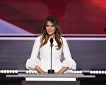 美国共和党总统候选人川普(Donald Trump)的妻子梅拉尼亚(Melania Trump)在全国代表大会开幕首日(18日)现身演讲力挺丈夫。 (Robyn BECK /AFP)
