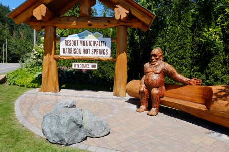 图:温泉村入口处有大脚野人(Sasquatch)木雕,当地人认为是大脚野人一种有灵性的生物。(李芝毓/大纪元)