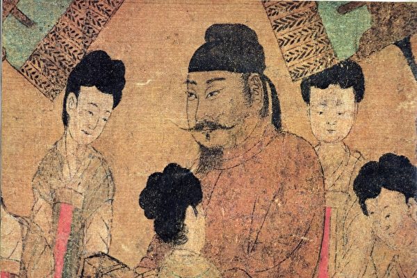 唐阎立本《步辇图》（局部），北京故宫博物院藏。此画描绘唐太宗接见吐蕃使者禄东赞的场面。（公有领域）