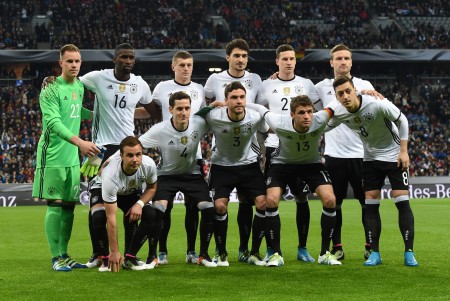 (1st row L-R) Germany's forward Mario Goetze, Germany's midfielder Sebastian Rudy, Germany's defender Jonas Hector, Germany's midfielder Thomas Mueller and Germany's midfielder Mesut Oezil ; (top L-R) Germany's goalkeeper Manuel Neuer, Germany's midfielder Karim Bellerabi, Germany's midfielder Toni Kroos and Germany's defender Mats Hummels Germany's forward Julian Draxler, Germany's defender Shkodran Mustafi pose for a team picture prior to the friendly football match between Germany and Italy in the stadium in Munich, southern Germany, on March 29, 2016. / AFP / CHRISTOF STACHE (Photo credit should read CHRISTOF STACHE/AFP/Getty Images)