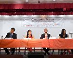 6名参选人在辩论会上,就社区关心的议题各抒己见,左二起:坎瑟、李宗保、李金枝、纽维尔、牛毓琳、珍妮花。 (蔡溶/大纪元)