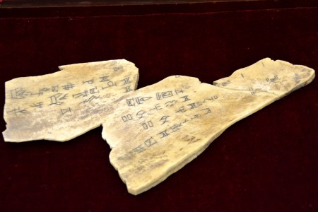 将在中国节期间展出、由牛骨制成的甲骨文复制品。它是从中国河南安阳殷墟博物馆珍贵的收藏品中复制的。(良克霖/大纪元)