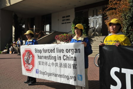 汽车之旅志愿者在红鹿市市政厅前和平抗议中共强摘器官,呼吁制止迫害法轮功。(黄钟乐/大纪元)