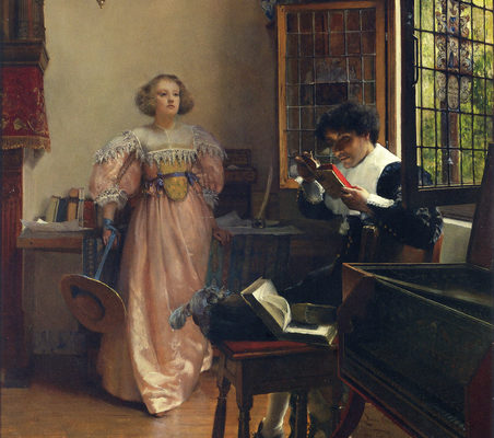 [英]勞拉?特雷莎?阿爾瑪—塔德瑪夫人（Lady Laura Teresa Alma-Tadema, 1852—1909），《執著的閱讀者》（The Persistent Reader），年代不詳，板上油畫，44.45×58.42cm，私人收藏。(Courtesy of Sotheby's)