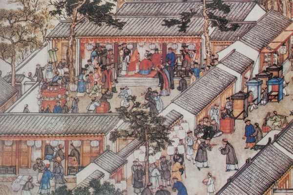 清朝乾隆年间徐扬绘〈姑苏繁华图〉中局部描绘的新郎、新娘拜堂景象。（公共领域）