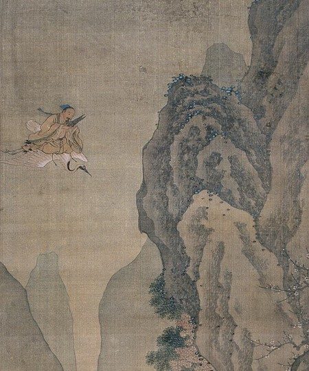 清.顧見龍〈引鶴吹笙圖〉局部(公有領域)