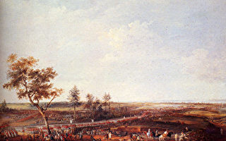 1781年10月19日，法国罗尚博将军在约克镇接受英国军队投降（Rochambeau recevant la reddition des troupes anglaises à Yorktown, 19 octobre 1781）。（维基公共领域）