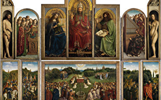 凡．艾克兄弟的《根特祭壇畫—神秘的羔羊》（«Retable de l'Agneau Mystique»），作於1415年—1432年，整幅祭壇畫約343×440厘米，題材取自聖經《啟示錄》，表達了對神在末世時慈悲救度眾生的讚頌。畫中樹脂油多層罩染技法的出色運用與靜謐精細的寫實風格讓此畫成為油畫史上最為重要的傑作之一。（維基公共領域）