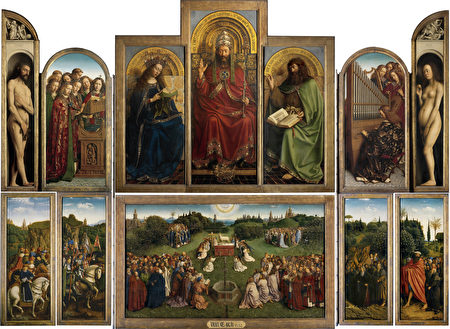 凡．艾克兄弟的《根特祭坛画—神秘的羔羊》（«Retable de l'Agneau Mystique»），作于1415年—1432年，整幅祭坛画约343×440厘米，题材取自圣经《启示录》，表达了对神在末世时慈悲救度众生的赞颂。画中树脂油多层罩染技法的出色运用与静谧精细的写实风格让此画成为油画史上最为重要的杰作之一。（维基公共领域）