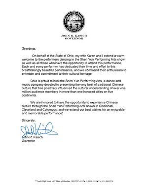 俄州州長卡西奇(John Kasich)為辛辛那提神韻演出發來賀信。(神韻辛辛那提主辦方提供)