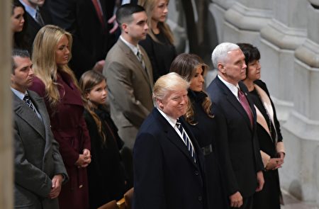 (Front row from left) US President Donald Trump, wife Melania; Vice President Mike Pence, and wife Karen attend the National Prayer Service at the National Cathedral on January 21, 2017 in Washington, DC. / AFP / MANDEL NGAN (Photo credit should read MANDEL NGAN/AFP/Getty Images)