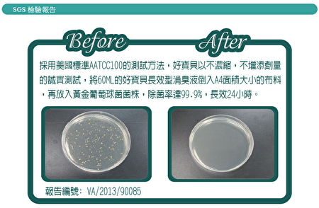 好宝贝除臭喷剂具SGS检验无毒证明,除了100%纯天然之外,还可除臭抑菌。(维肯国际提供)