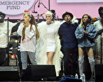 美國歌手亞莉安娜（Ariana Grande）在曼城恐襲發生13天後於6月4日重回曼徹斯特，多位國際一線明星同台演出，（從左到右） Taboo、Ariana Grande、Katy Perry、Niall Horan、Miley Cyrus 和 Imogen Heap。(Getty Images/Dave Hogan for One Love Manchester)