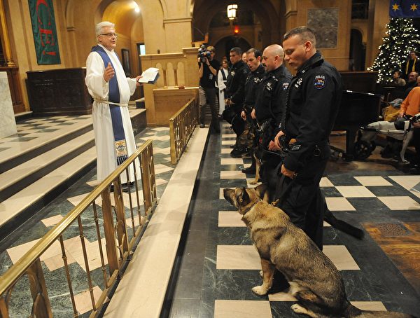 2009年12月，紐約警局K9大隊在紐約市基督教堂（Christ Church）接受牧師的假日祈福祝禱，祈求上帝保佑K9大隊執行任務時平安無虞。(Brad Barket/Getty Images)