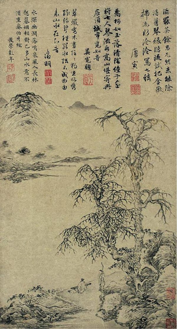 明 唐寅《临流试琴图》轴。(公有领域)