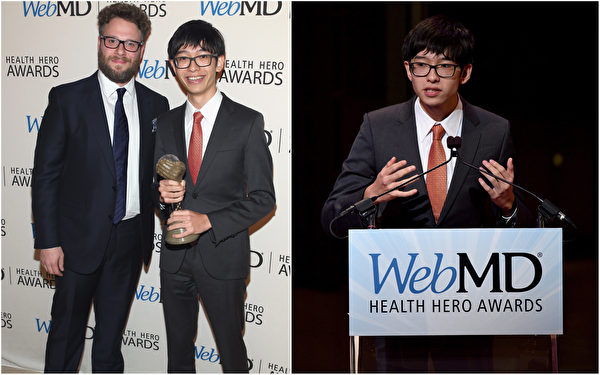 （ Actor Seth Rogen and Honnoree Kenneth Shinozuka attend the 2015 Health Hero Awards hosted by WebMD at The Times Cente on November 5, 2015 in New York City. (Jemal Countess/Getty Images for WebMD／大紀元合成）