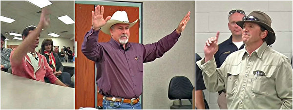 图为拍卖现场：塔纳（左）、主持人（中）及牧场主人（右）。（ABC Denver Channel 7 视频截图／大纪元合成）
