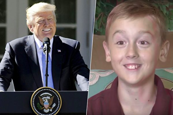 9歲男孩艾利沙擔心總統川普沒錢支付水電費，捐給他3美元，獲得意外大禮包。(JASON CONNOLLY/AFP/Getty Images、視頻截圖／大紀元合成)