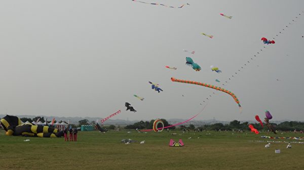 各式各樣的風箏妝點高屏溪河濱公園的天空好精采。（曾晏均／大紀元）