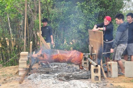 庄园周年庆烤3百斤大猪 。（赖月贵／大纪元）
