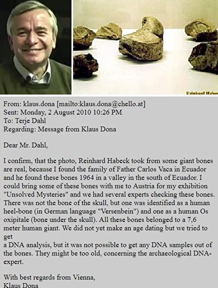 多納（下左）在電郵中確認了1964年厄瓜多爾巨人遺骨的發現情況，以及遺骨照片的真實性。（網頁截圖／大紀元合成）