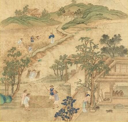 胡御史曾跟纪晓岚讲过一个老翁和一头猪的因果故事。清 张师诚《跋豳风十二月图说.十月获稻》局部,台北国立故宫博物院藏。(公有领域)