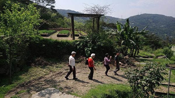  刘翼铨（左1）走在最前面，带着喜好生机蔬果来宾参观农场。（朱孝贞／大纪元）