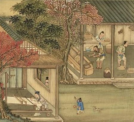 学习如同织布,应当每日学习一些不懂的,以成就美好的德行;如果弃学而归,那和切断这些丝帛有何不同呢?《御题棉花图•织布》。(公有领域)