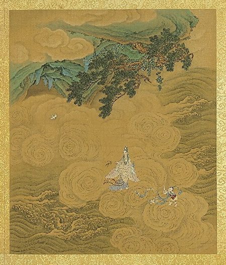菩萨将净瓶抛入海中,这么一会儿的功夫,净瓶就转过了三江五湖,八海四渎,装进了所有的海水。图为《无量寿佛会庆图.海洞潮音》。(公有领域)