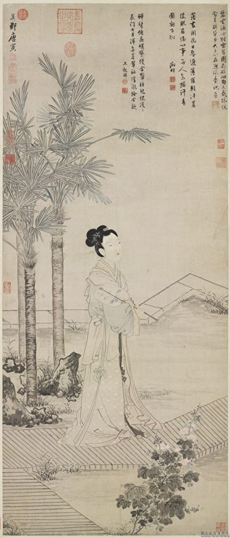 宇文士及站在門外,請求重續夫妻之緣,但南陽公主拒絕了。圖為明 唐寅《班姬團扇》。(公有領域)