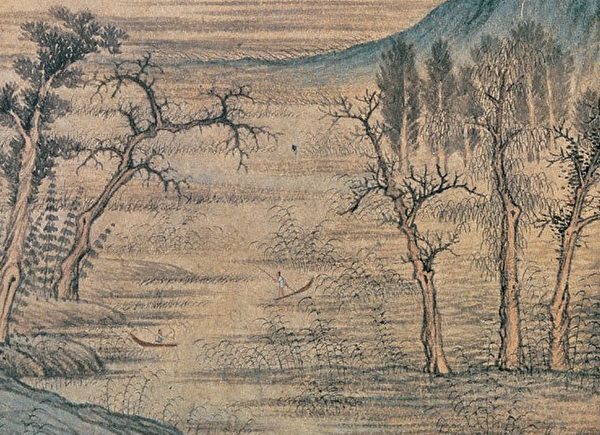 元· 趙孟頫《鵲華秋色圖》兩株枯樹 左為蟹爪枝 右為鹿角枝（公有領域）