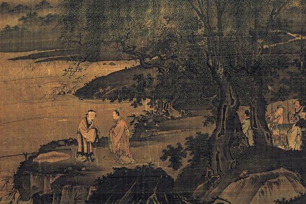 图为明 戴进《渭滨垂钓图》（局部），描绘周文王前去拜访隐居垂钓于渭水之滨的姜子牙。（公有领域）