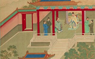 《帝鉴图说》插图《宾礼故人》，描绘光武帝刘秀把严光请进宫中，两人推杯换盏，把酒叙旧。（公有领域）