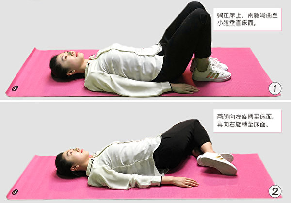 此运动可以松动腰部的肌肉、韧带及脊椎；还可促进肠道蠕动。（大纪元制图）