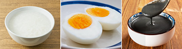 帮助提神、补充体力和脑力的早餐食物：白米粥、鸡蛋、黑芝麻糊。(Shutterstock)