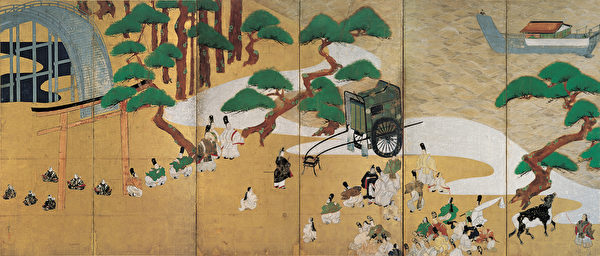 俵屋宗达，“源氏物语关屋・澪标图”屏风，1631年。（大都会艺术博物馆提供）