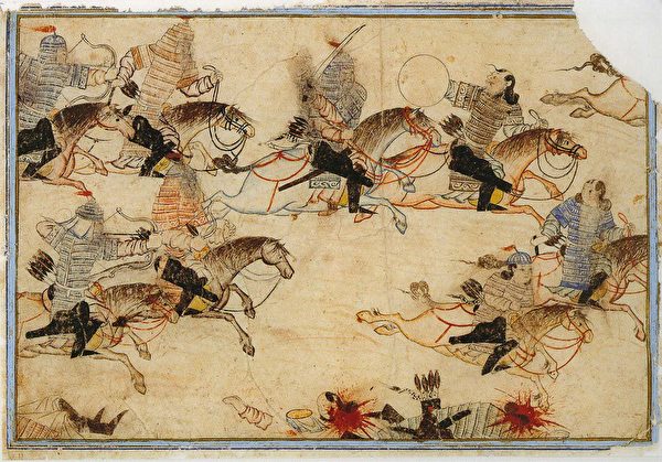 圖為柏林國家圖書館所藏的波斯細密畫冊Diez Albums中的蒙古兵征戰場景。（公有領域）