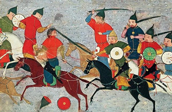 拉施德丁所著《史集》（Jami al-Tawarikh）中描繪的成吉思汗征戰場景。（公有領域）
