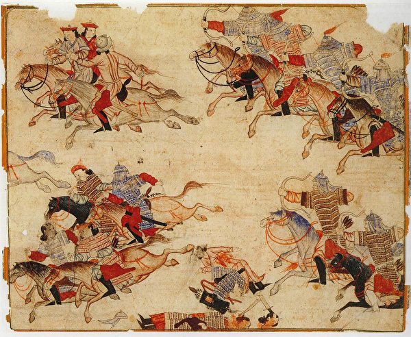 图为柏林国家图书馆所藏的波斯细密画册Diez Albums中的蒙古兵征战场景。（公有领域）