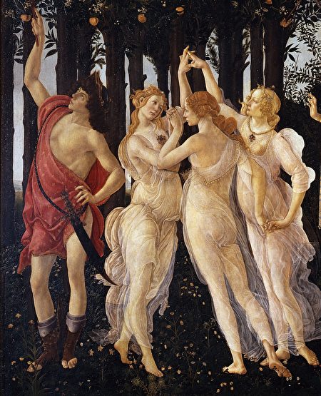 美惠三女神与信使墨丘利，桑德罗·波提切利（Sandro Botticelli）《春》（Primavera）局部。（公有领域）