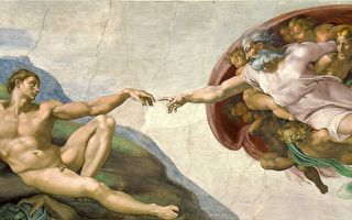 米开朗基罗《创造亚当》（The Creation of Adam），梵蒂冈西斯廷礼拜堂天顶画《创世记》局部。（公有领域）