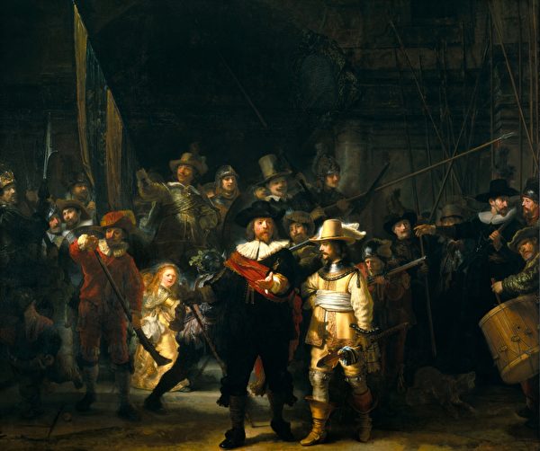 倫勃朗,《夜巡》(De Nachtwacht),布面油畫,作於1642年,363 × 437 公分,荷蘭阿姆斯特丹國立博物館藏。(公有領域)