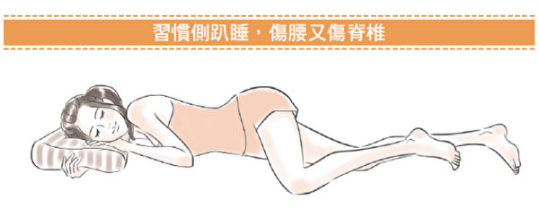 侧趴睡让上半身挤压颈椎及肩胛，下半身压迫腰椎扭转骨盆，对脊椎杀伤力很大。（时报出版提供）