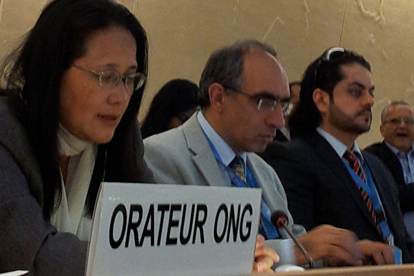 2012年9月18日，郭君應邀在日內瓦萬國宮第21屆聯合國人權理事會上發言。（大紀元圖片）
