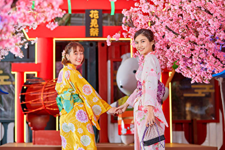 最大拟真樱花林,现场除了10几棵大小樱花树交错其间,还有神社鸟居、灯笼、拱桥、枯山水等独特的日式装饰。