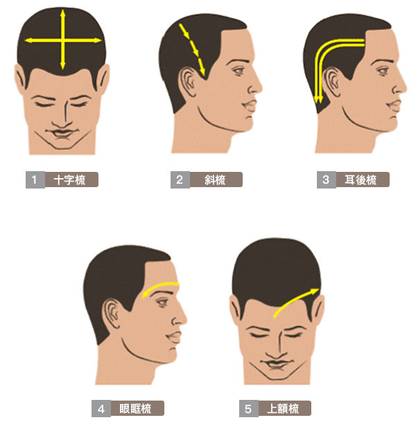 梳頭不是梳頭髮，而是按摩頭部、按摩全身。圖為梳頭按摩的五種方式。（日日學提供）
