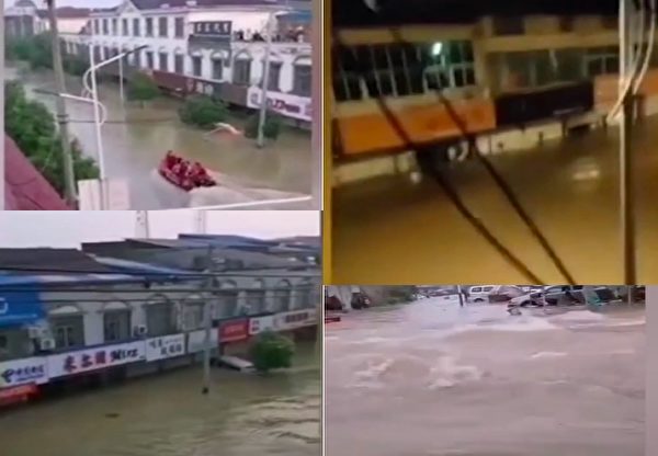 7月19日晚，安徽省六安市裕安區固鎮鎮大多數民眾一夜無眠，很多人因洪水被捆在樓頂上等待救援。（視頻截圖合成）