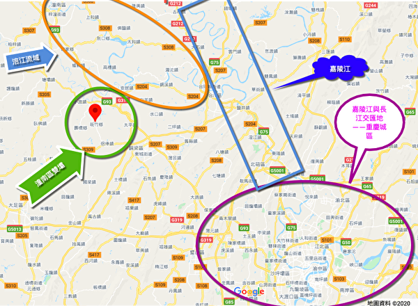 重庆市潼南区双坝村在涪江流域，位于嘉陵江、长江交汇处的重庆市城区西北部。（谷歌地图）