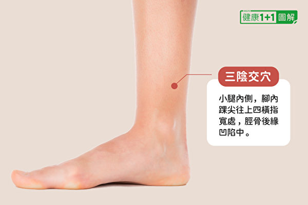 三陰交穴位於小腿內側，腳內踝尖往上四橫指寬處，脛骨後緣凹陷中。（健康1+1／大紀元）